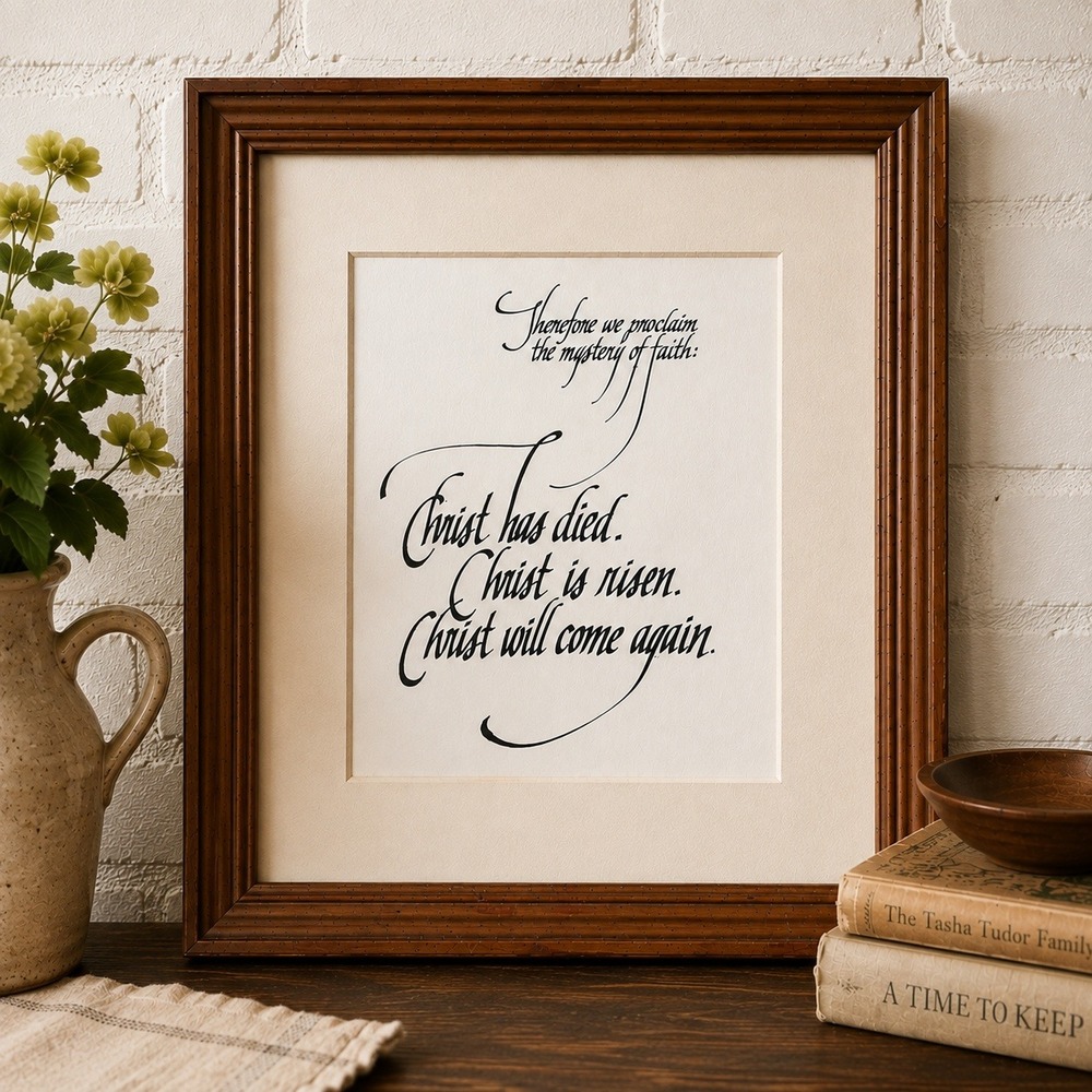 Vintage Religious Calligraphy Print Framed Christ Has Died Christ Is Risen